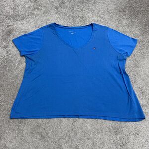 Tommy Hilfiger Basic V-Neck T-Shirt Womens 2X Plus Royal Blue Cotton Logo Tee